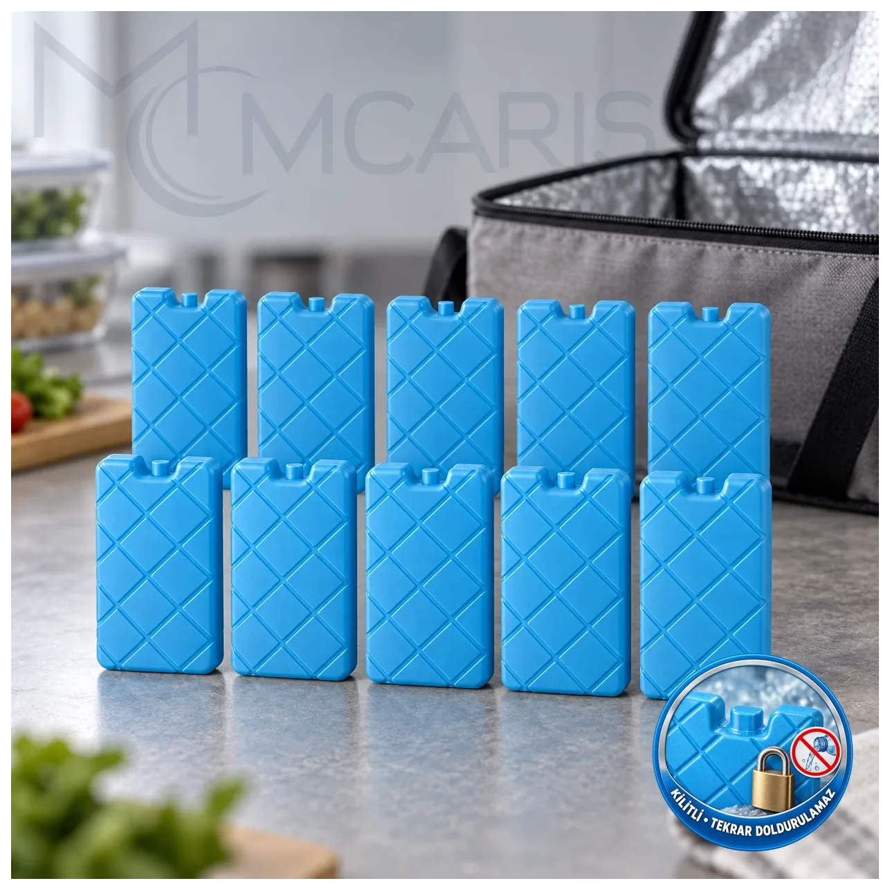 10'lu Kilitli Buz Aküsü Seti - Dondurucu Buz Kasedi Ice Box Soğutucu Blok (Mavi) - Küçük Önizleme 2