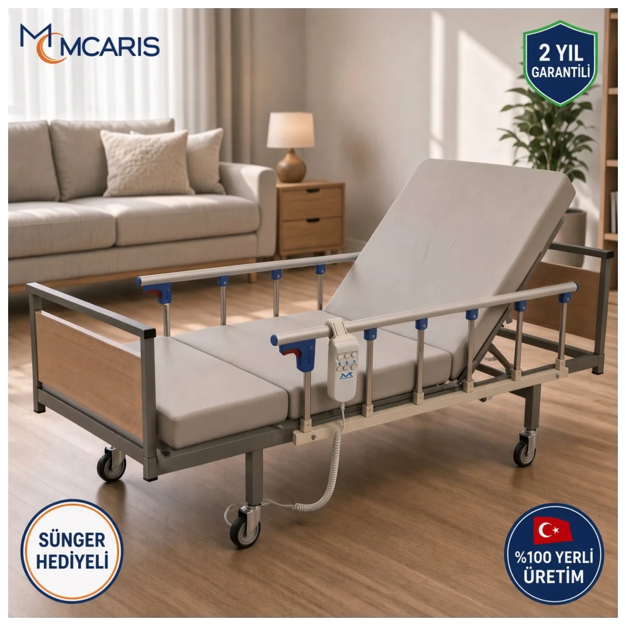 2 Motorlu Full ABS Hasta Karyolası İmalatçı Firmadan Elektrikli El Kumandalı 2 Yıl Garantili - MCARIS Medikal silver Seri 2 Motorlu Hasta Yatakları