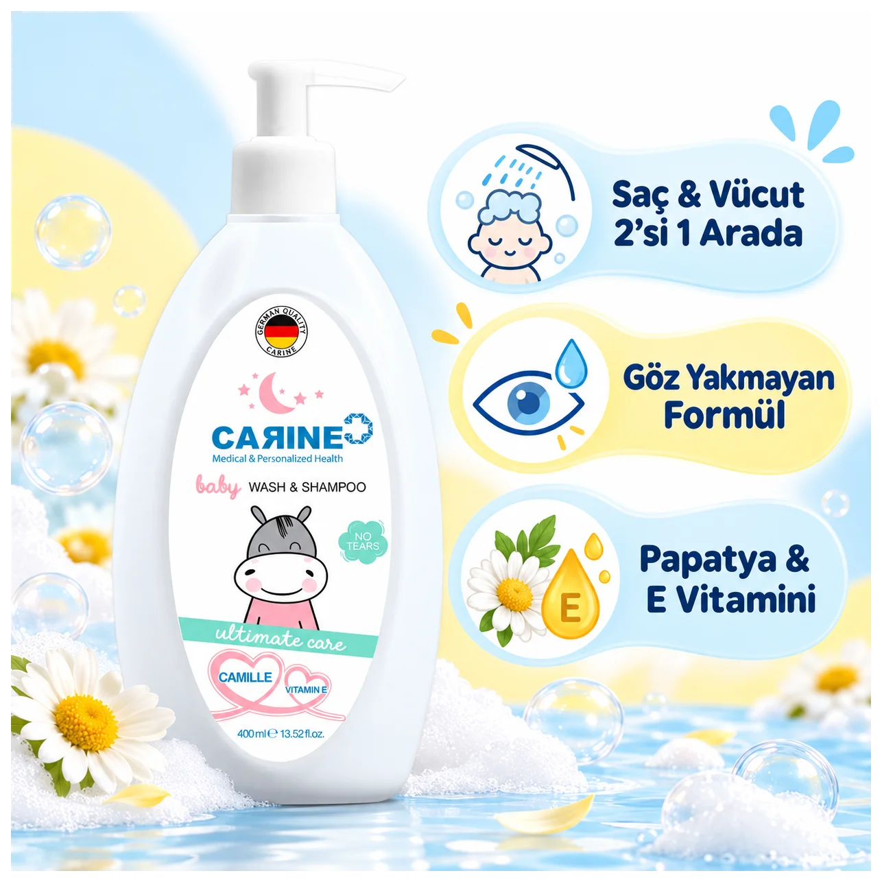 Carine 2'si 1 Arada Bebek Şampuanı 400 ml - Tek ürünle nazik temizlik - Küçük Önizleme 3