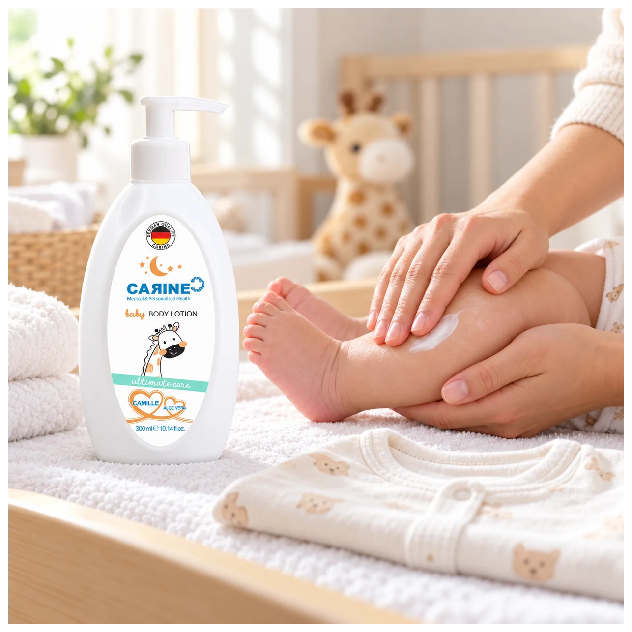 Carine Bebek Vücut Losyonu 300 ml - Banyo sonrası yumuşaklık - Medikal Kozmetik Detay Görseli Carine Bebek Vücut Losyonu 300 ml - Banyo sonrası yumuşaklık - Medikal Kozmetik Orijinal Görseli (1/3) | MCARIS