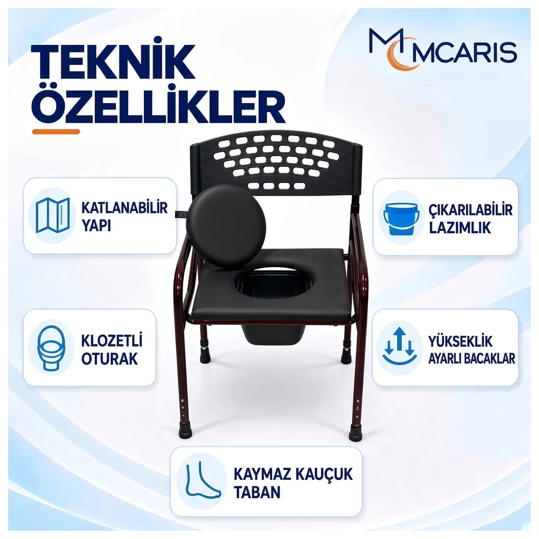 Katlanabilir Tuvalet Sandalyesi Bordo | MCARIS Klozetli WC - Küçük Önizleme 2