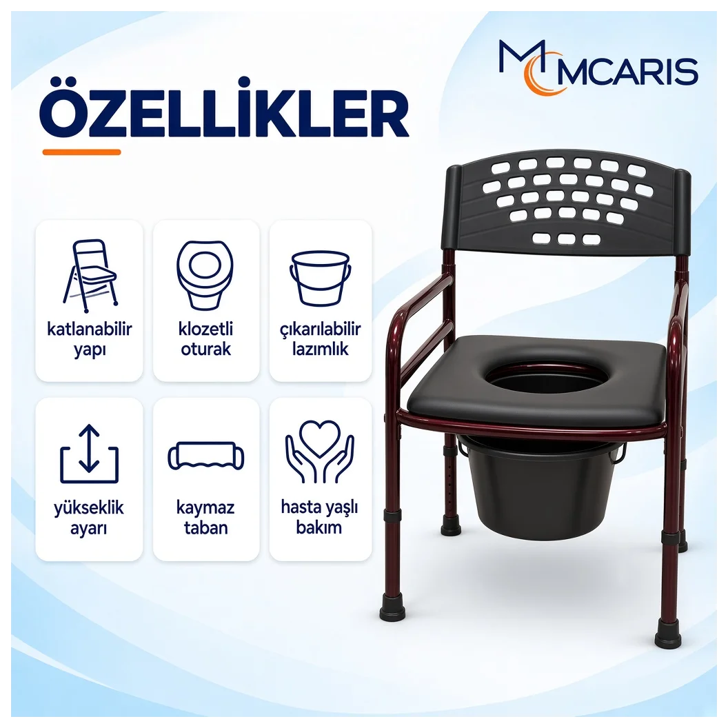 Katlanabilir Tuvalet Sandalyesi Bordo | MCARIS Klozetli WC - Küçük Önizleme 5