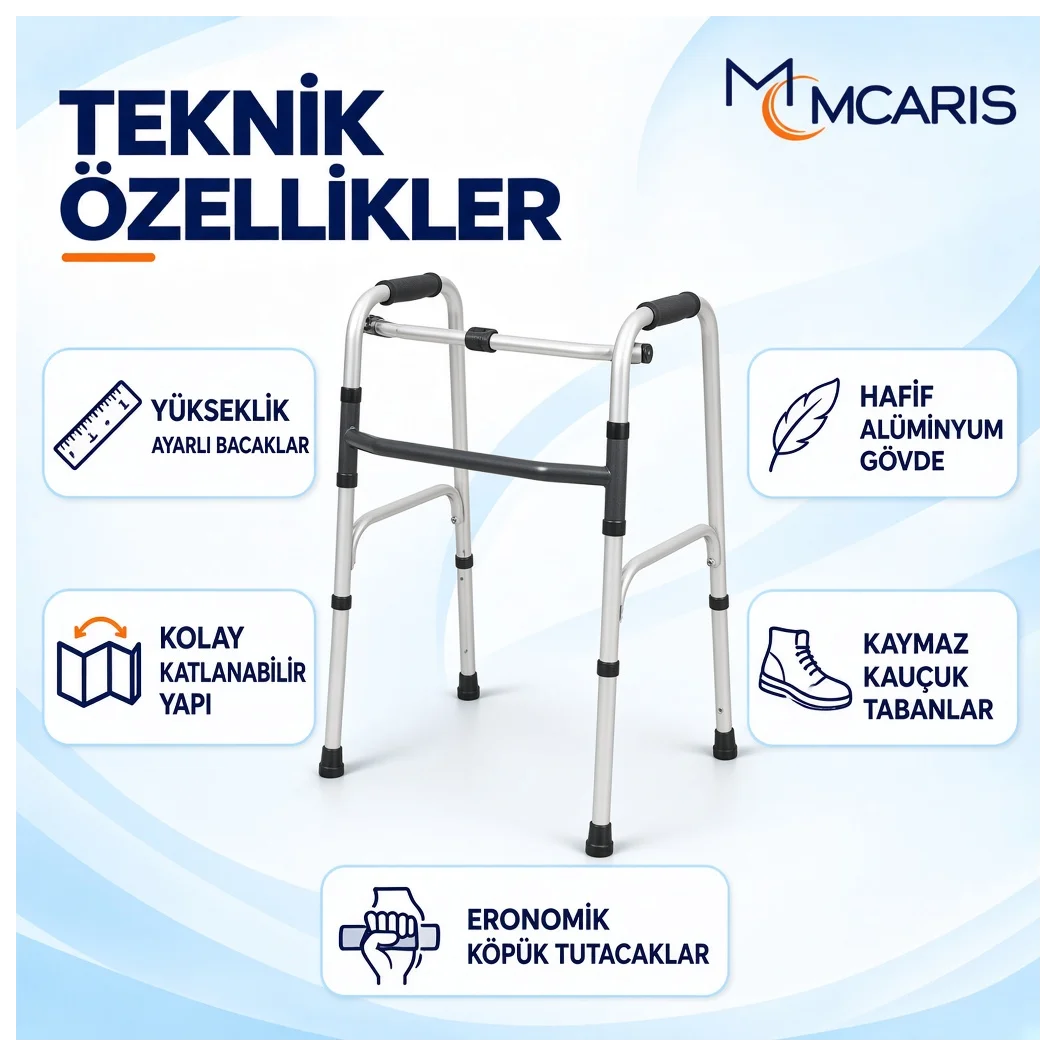 Katlanabilir Yürüteç Beyaz | MCARIS Walker Hasta Yaşlı Yürüteci | Boru Çapı 25 mm - Küçük Önizleme 2