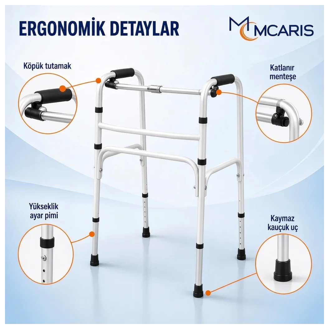 Katlanabilir Yürüteç Beyaz | MCARIS Walker Hasta Yaşlı Yürüteci | Boru Çapı 25 mm - Küçük Önizleme 3