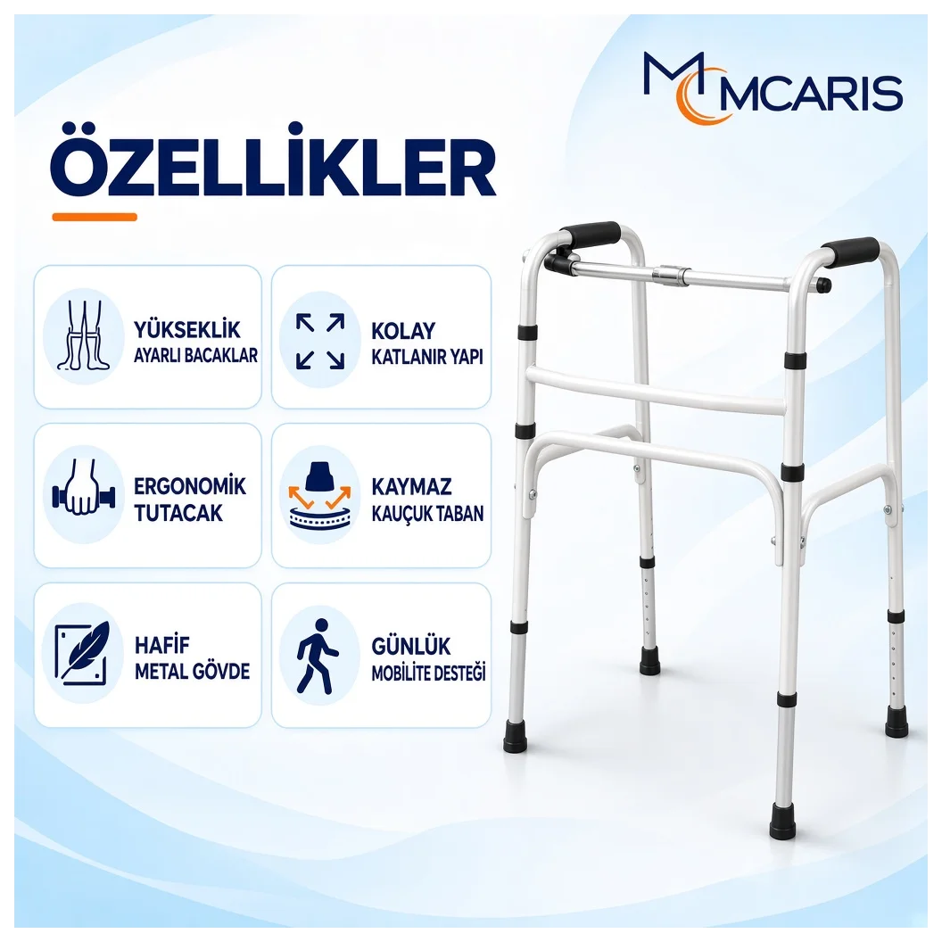 Katlanabilir Yürüteç Beyaz | MCARIS Walker Hasta Yaşlı Yürüteci | Boru Çapı 25 mm - Küçük Önizleme 5
