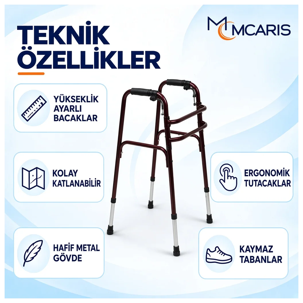 Katlanabilir Yürüteç Bordo | MCARIS Walker Hasta Yaşlı Yürüteci | Boru Çapı 25 mm - Küçük Önizleme 2