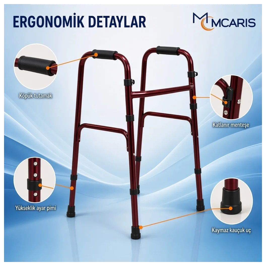 Katlanabilir Yürüteç Bordo | MCARIS Walker Hasta Yaşlı Yürüteci | Boru Çapı 25 mm - Küçük Önizleme 3