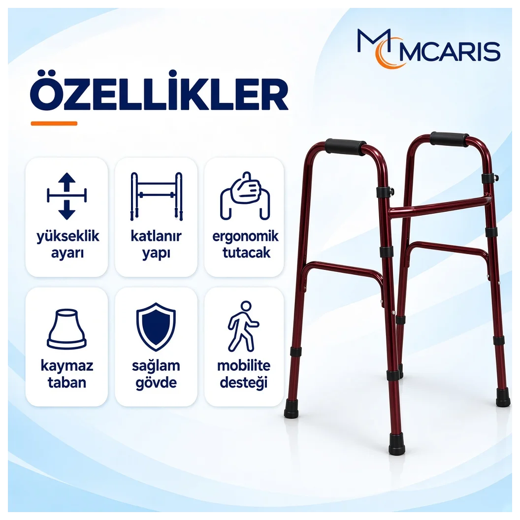 Katlanabilir Yürüteç Bordo | MCARIS Walker Hasta Yaşlı Yürüteci | Boru Çapı 25 mm - Küçük Önizleme 5