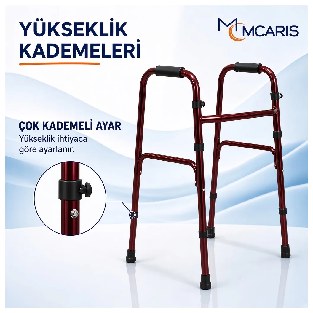 Katlanabilir Yürüteç Bordo | MCARIS Walker Hasta Yaşlı Yürüteci | Boru Çapı 25 mm - Küçük Önizleme 7