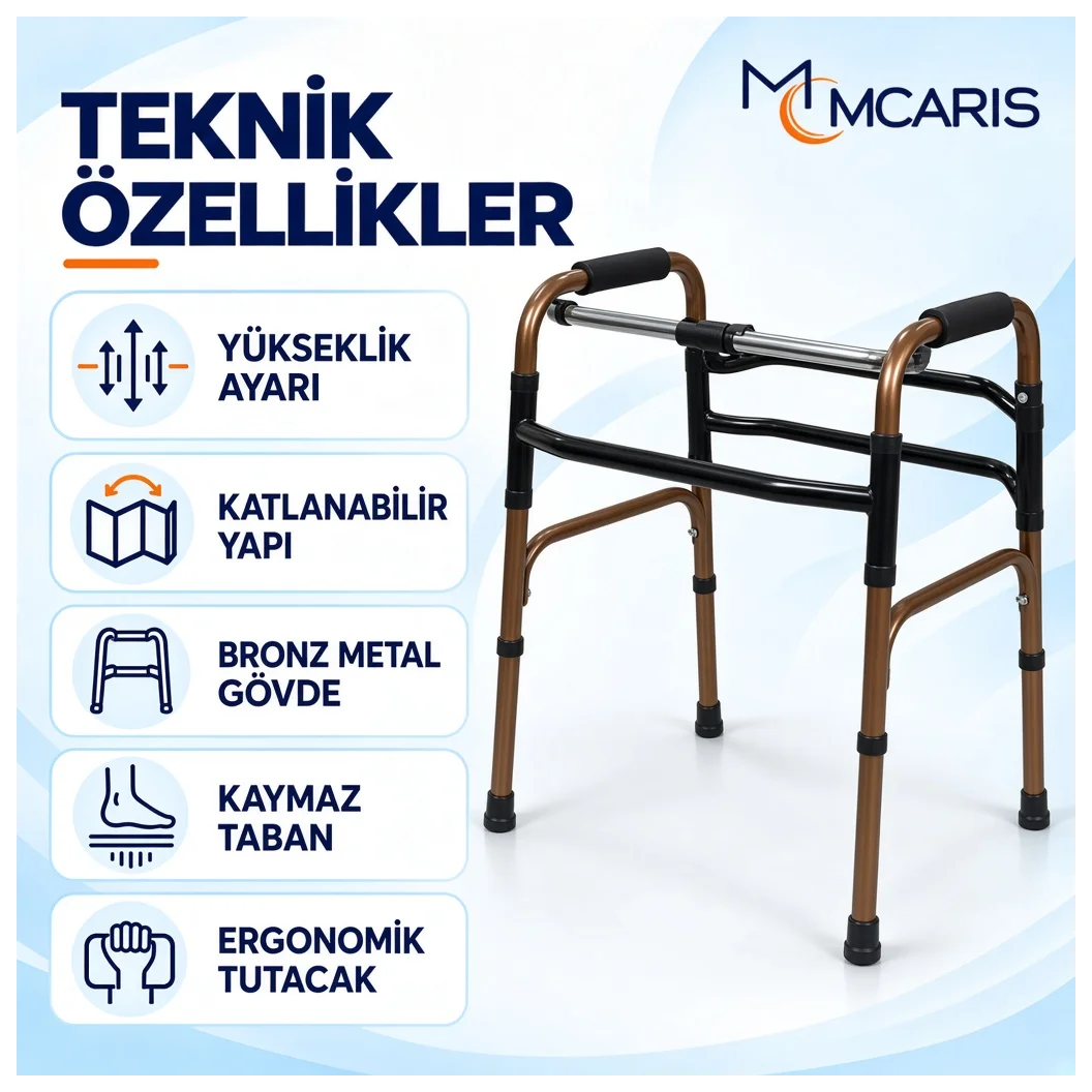 Katlanabilir Yürüteç Bronz | MCARIS Metal Walker | Boru Çapı 25 mm - Küçük Önizleme 2