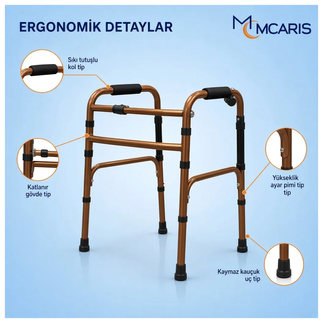 Katlanabilir Yürüteç Bronz | MCARIS Metal Walker | Boru Çapı 25 mm - Küçük Önizleme 3