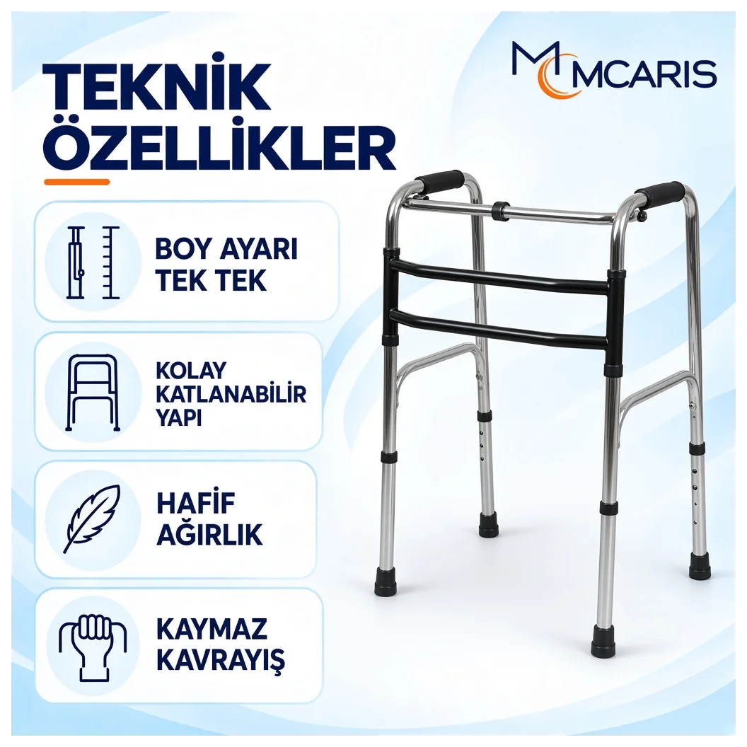 Katlanabilir Yürüteç Krom | MCARIS Hafif Walker | Boru Çapı 25 mm - Küçük Önizleme 2