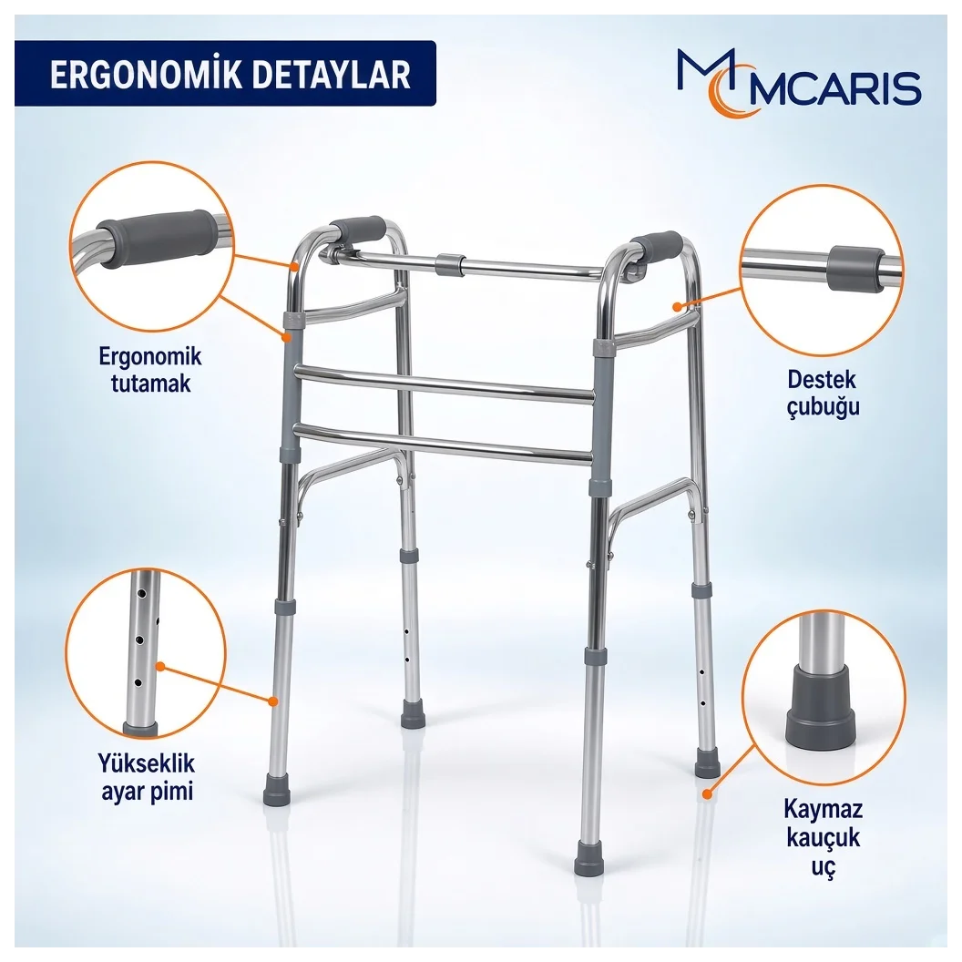 Katlanabilir Yürüteç Krom | MCARIS Hafif Walker | Boru Çapı 25 mm - Küçük Önizleme 3
