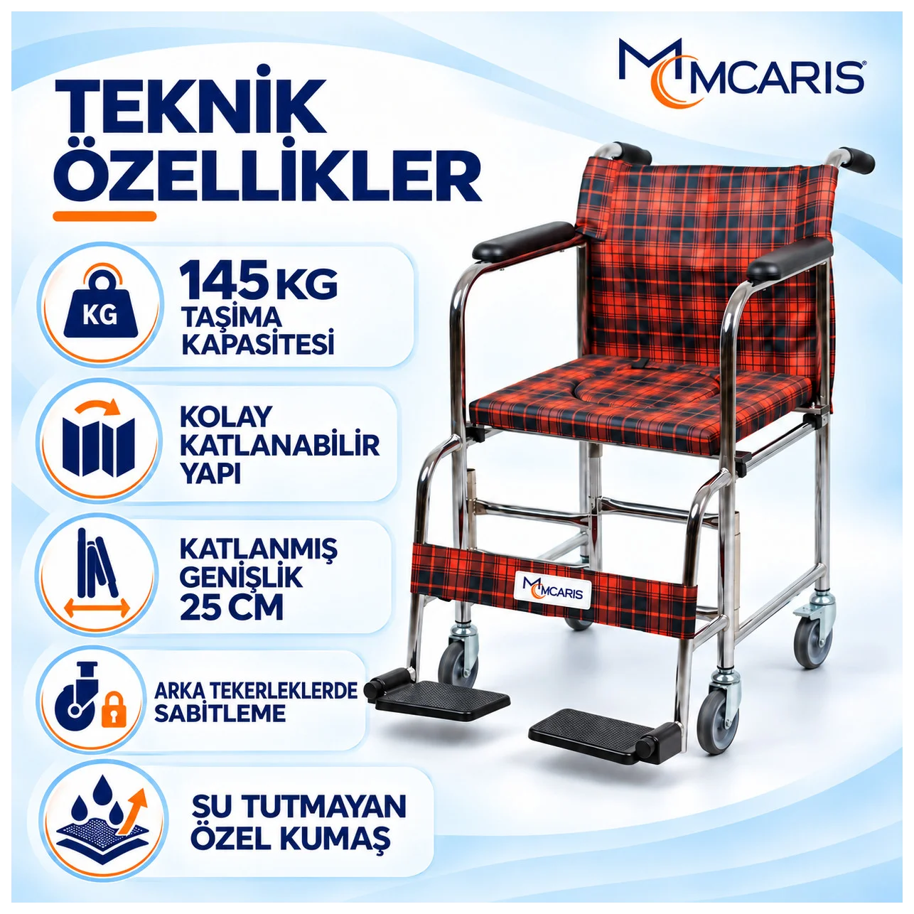 Tekerlekli Klozetli Banyo Sandalyesi Katlanır Ayaklıklı Ekose MC-1010 - Küçük Önizleme 2
