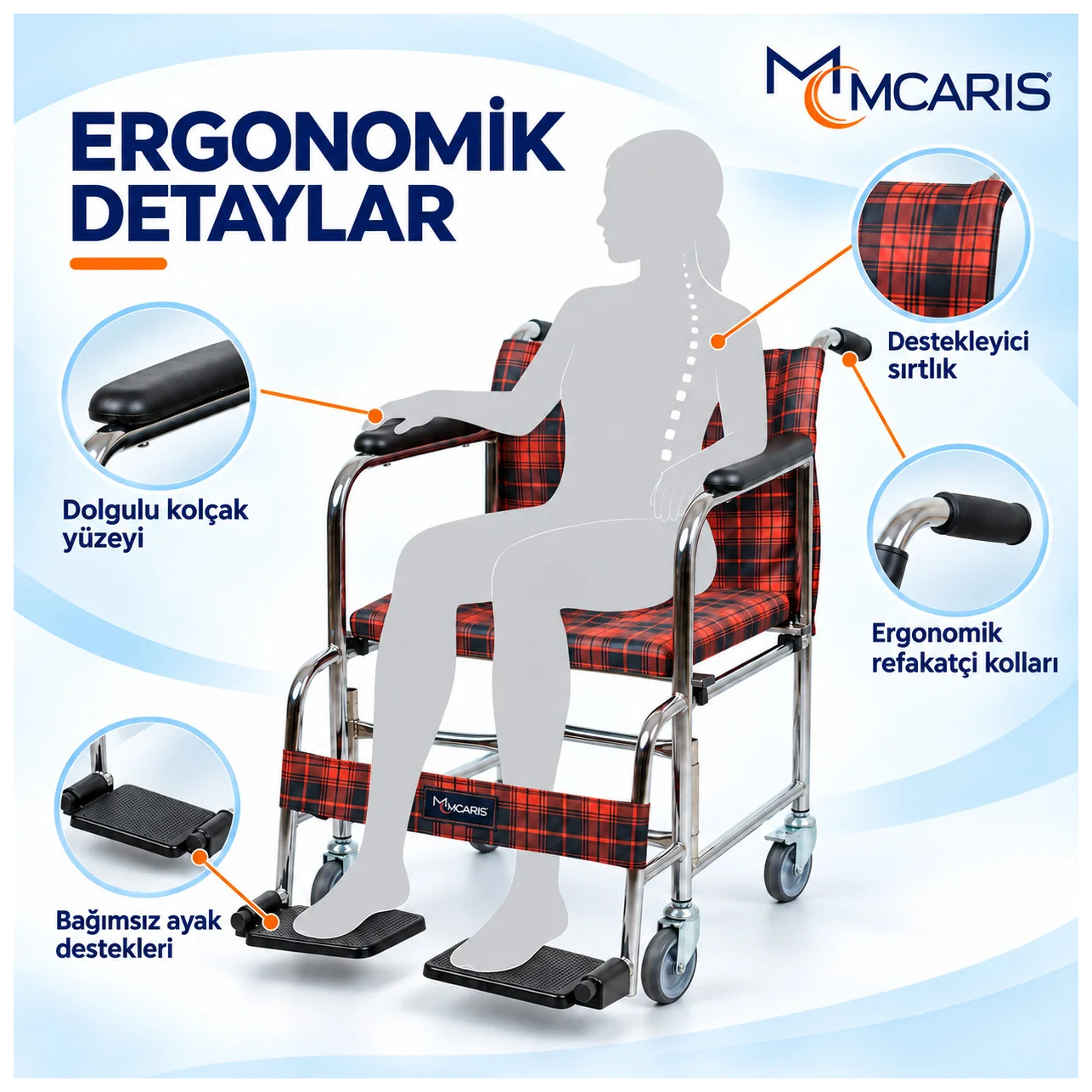 Tekerlekli Klozetli Banyo Sandalyesi Katlanır Ayaklıklı Ekose MC-1010 - Küçük Önizleme 3