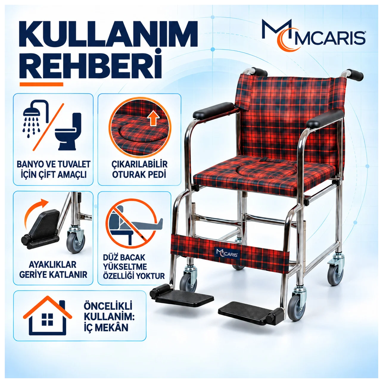 Tekerlekli Klozetli Banyo Sandalyesi Katlanır Ayaklıklı Ekose MC-1010 - Küçük Önizleme 4