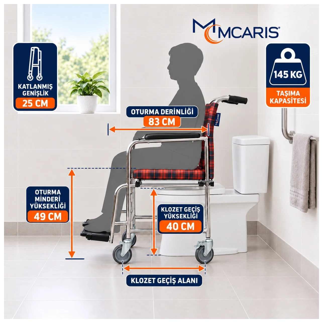 Tekerlekli Klozetli Banyo Sandalyesi Katlanır Ayaklıklı Ekose MC-1010 - Küçük Önizleme 6