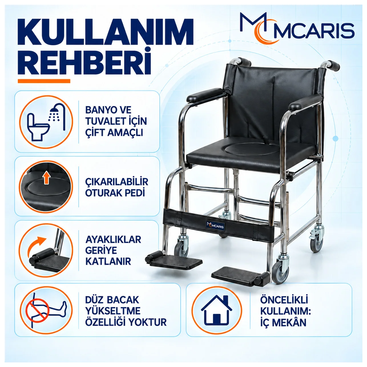 Tekerlekli Klozetli Banyo Sandalyesi Katlanır Ayaklıklı Siyah MC-1010 - Küçük Önizleme 4