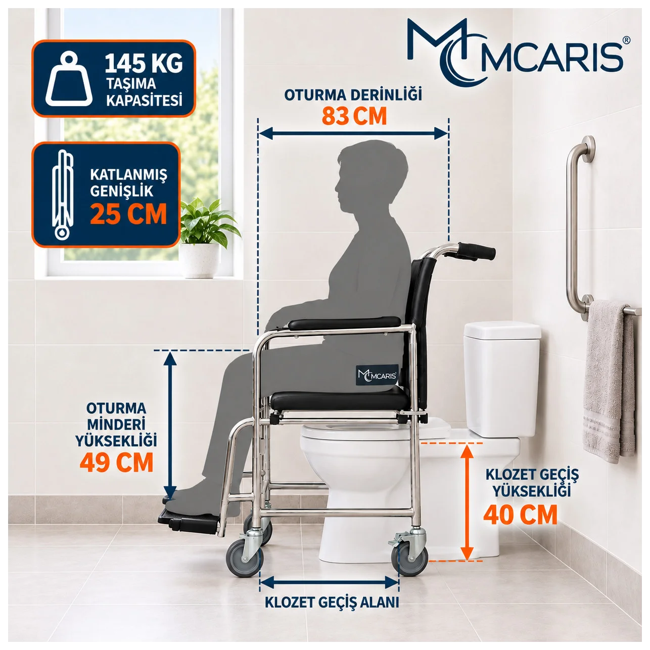 Tekerlekli Klozetli Banyo Sandalyesi Katlanır Ayaklıklı Siyah MC-1010 - Küçük Önizleme 6