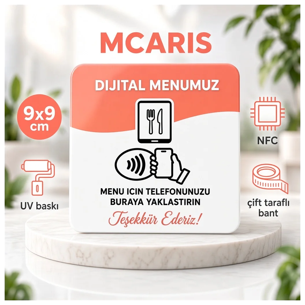 NFC Dijital Menü Kartı 9x9 cm UV Baskılı Pleksi Temassız Restoran Cafe Menü Bantlı Tekli - Küçük Önizleme 2