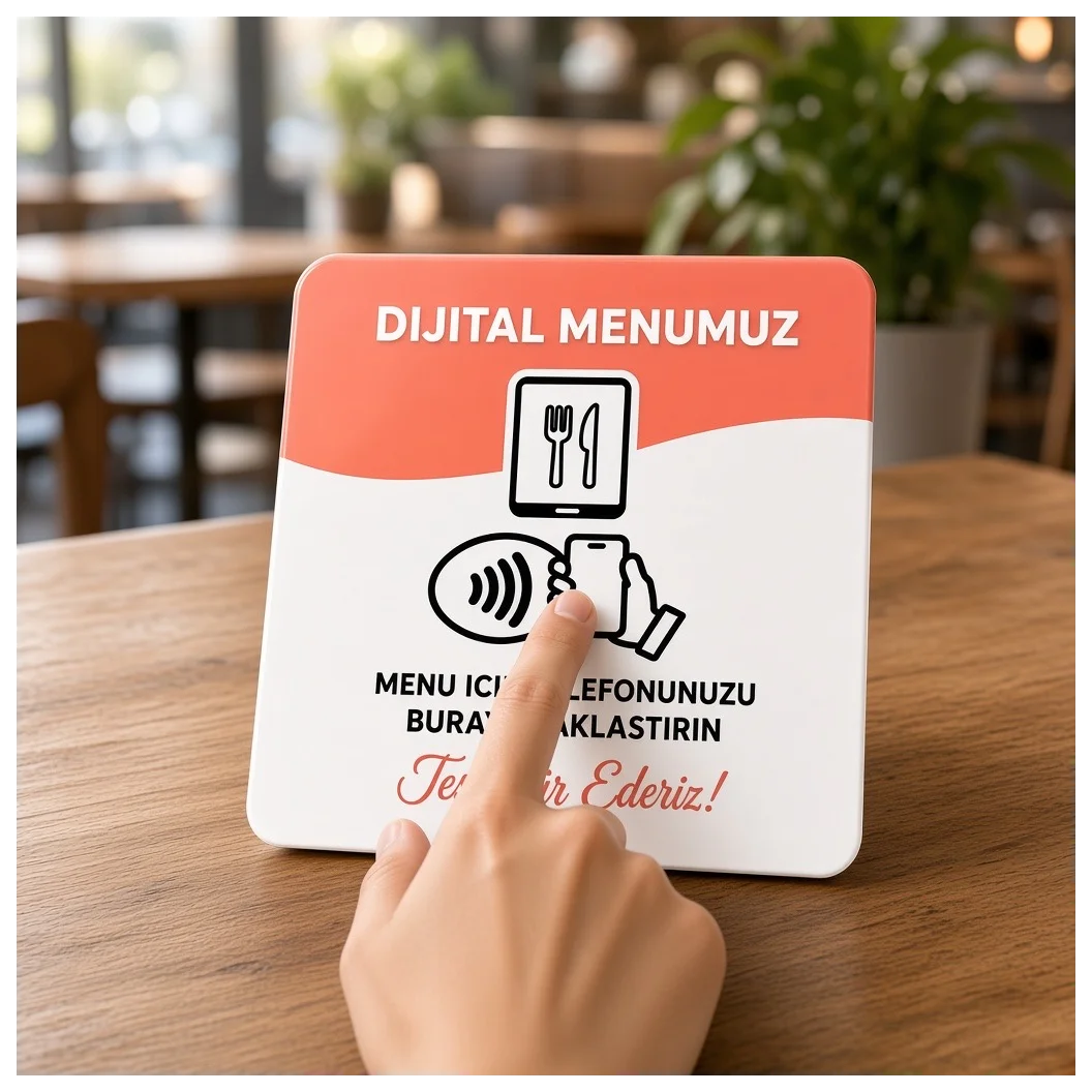 NFC Dijital Menü Kartı 9x9 cm UV Baskılı Pleksi Temassız Restoran Cafe Menü Bantlı Tekli - Küçük Önizleme 3