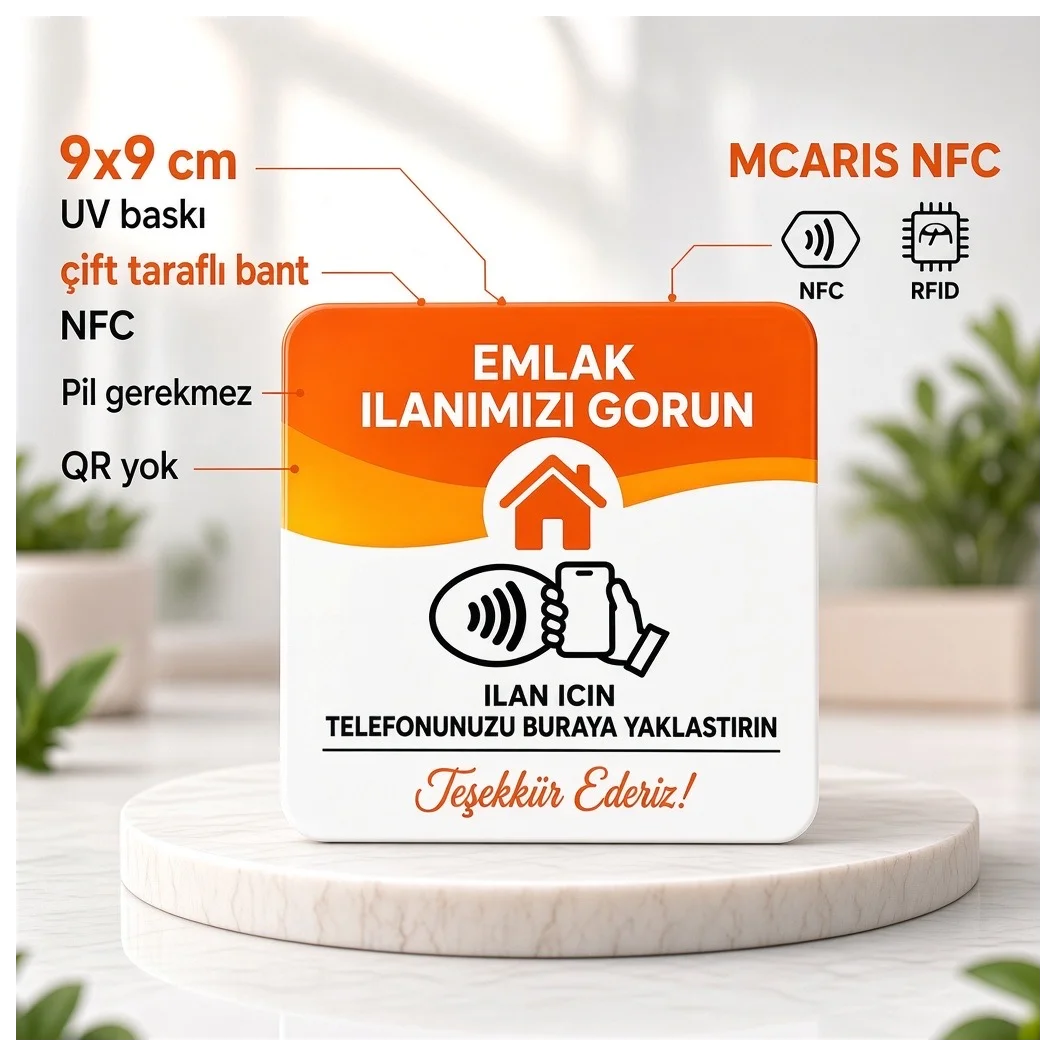 NFC Emlak İlan Kartı 9x9 cm UV Baskılı Pleksi Temassız İlan Görüntüleme Bantlı Tekli - Küçük Önizleme 2