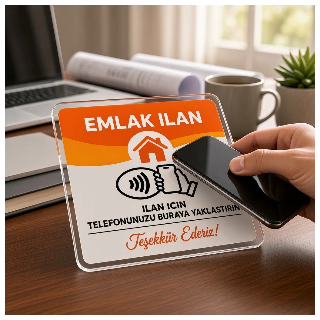 NFC Emlak İlan Kartı 9x9 cm UV Baskılı Pleksi Temassız İlan Görüntüleme Bantlı Tekli - Küçük Önizleme 3