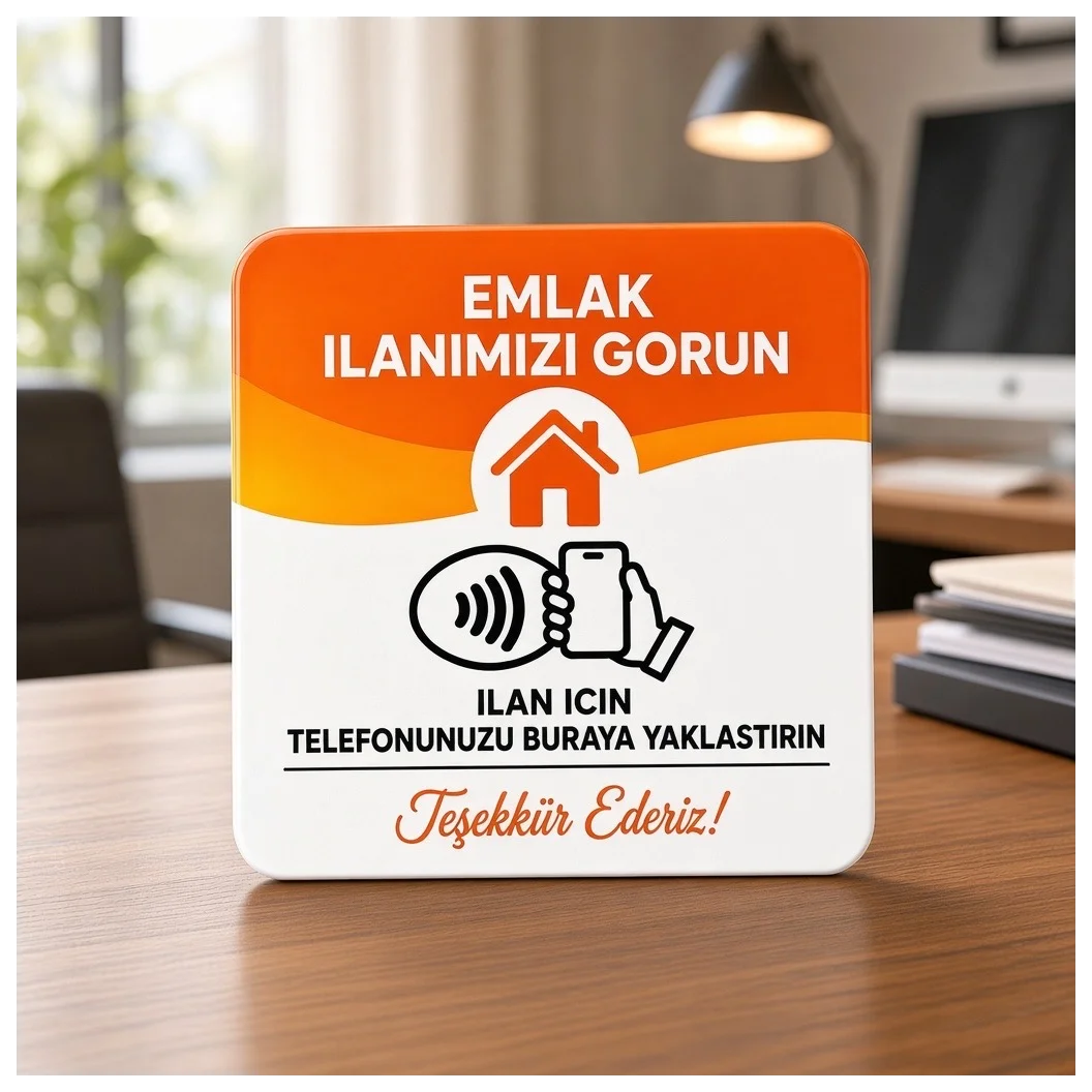 NFC Emlak İlan Kartı 9x9 cm UV Baskılı Pleksi Temassız İlan Görüntüleme Bantlı Tekli - Küçük Önizleme 4
