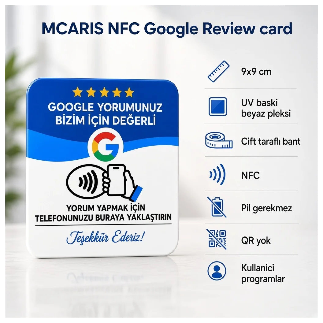 NFC Google Yorum Kartı 9x9 cm UV Baskılı Pleksi Temassız İşletme Değerlendirme Bantlı Tekli - Küçük Önizleme 2