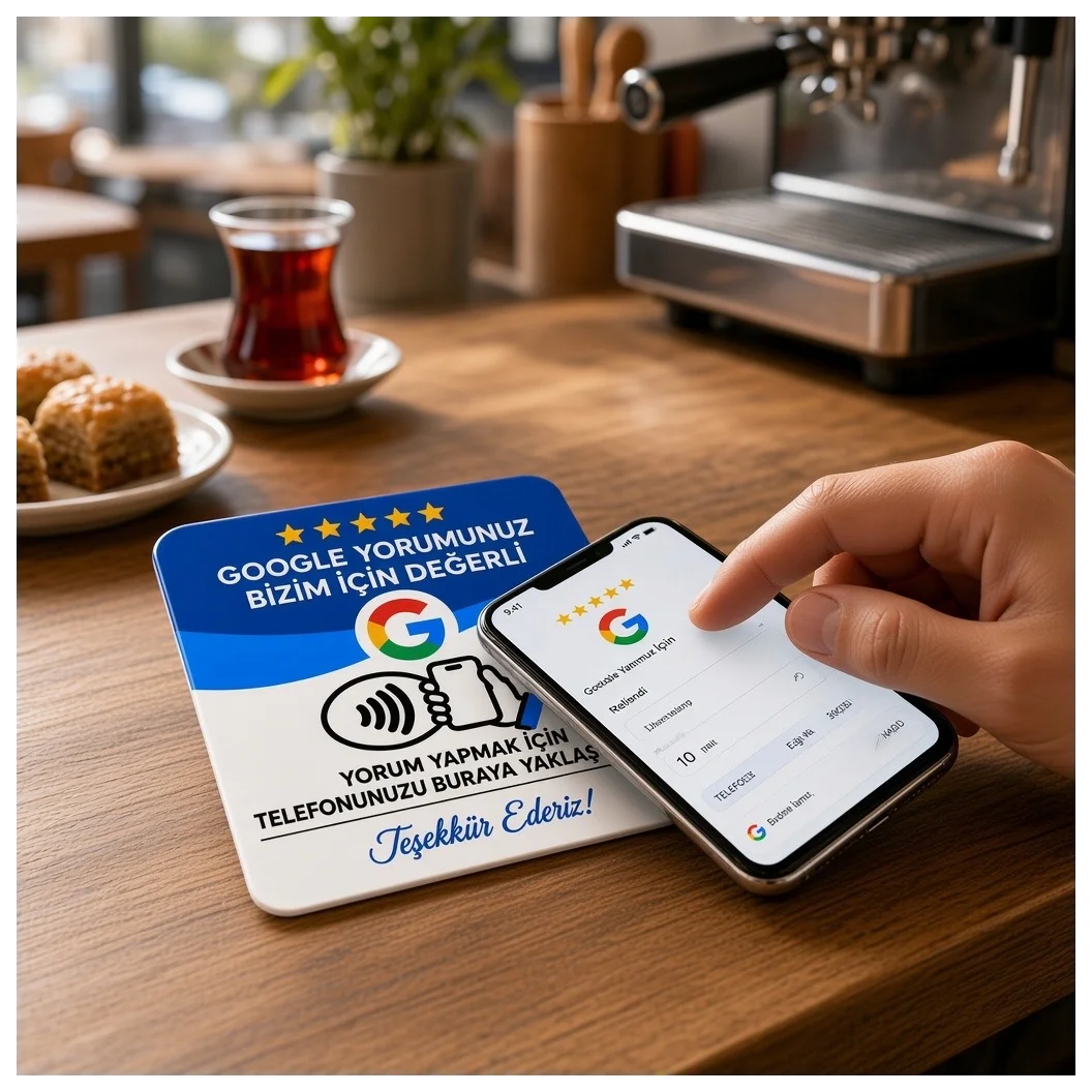 NFC Google Yorum Kartı 9x9 cm UV Baskılı Pleksi Temassız İşletme Değerlendirme Bantlı Tekli - Küçük Önizleme 3