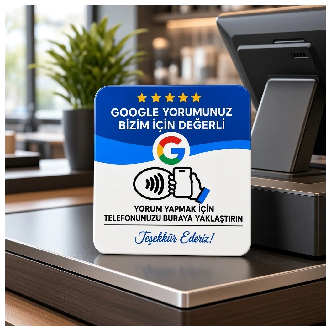 NFC Google Yorum Kartı 9x9 cm UV Baskılı Pleksi Temassız İşletme Değerlendirme Bantlı Tekli - Küçük Önizleme 4