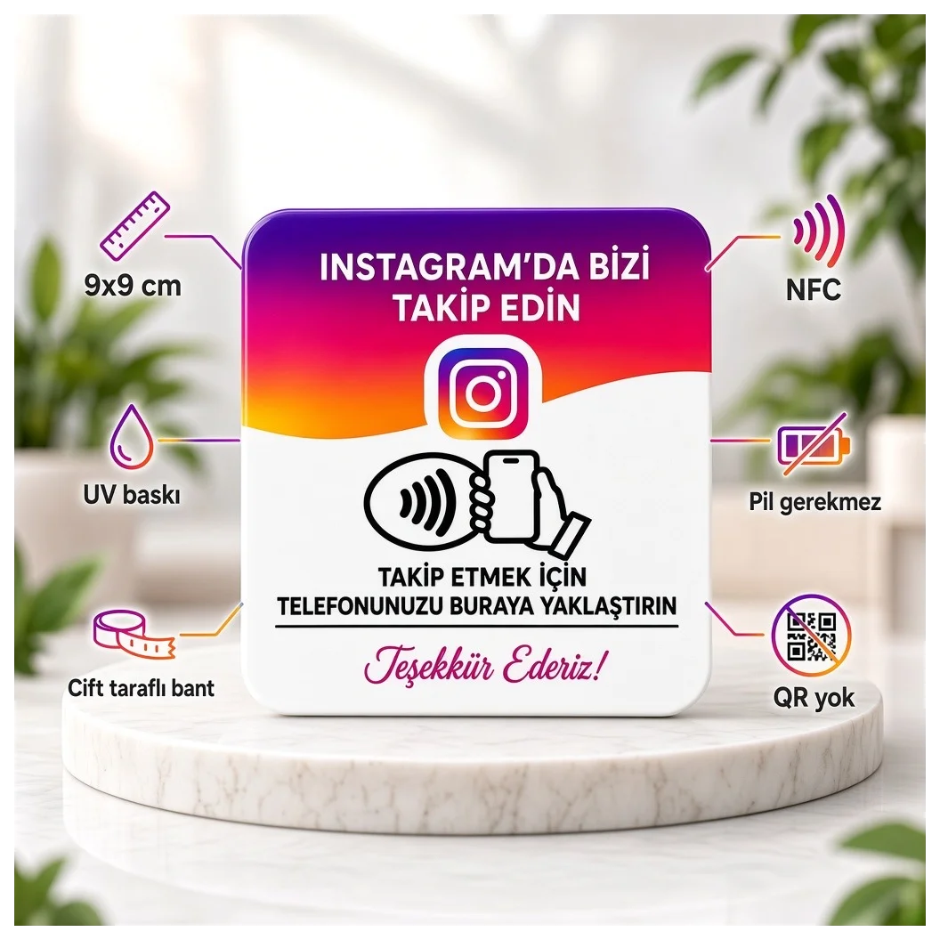 NFC Instagram Takip Kartı 9x9 cm UV Baskılı Pleksi Temassız Profil Takip Bantlı Tekli - Küçük Önizleme 2