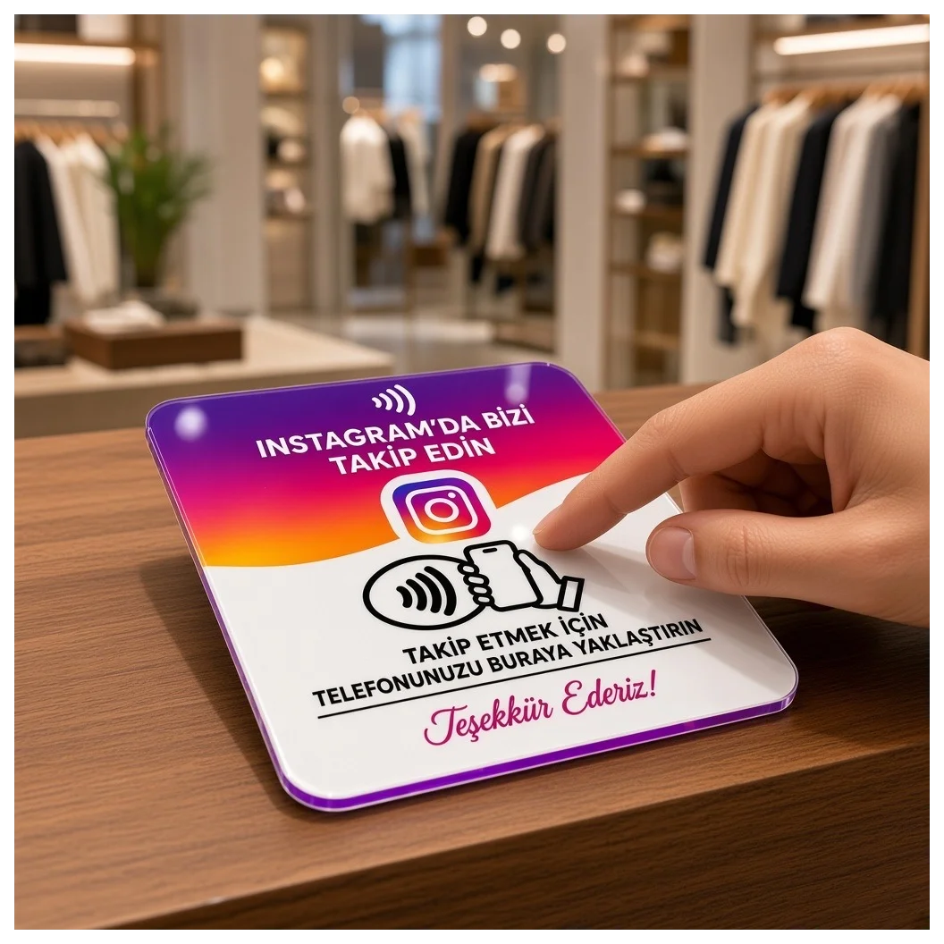NFC Instagram Takip Kartı 9x9 cm UV Baskılı Pleksi Temassız Profil Takip Bantlı Tekli - Küçük Önizleme 3